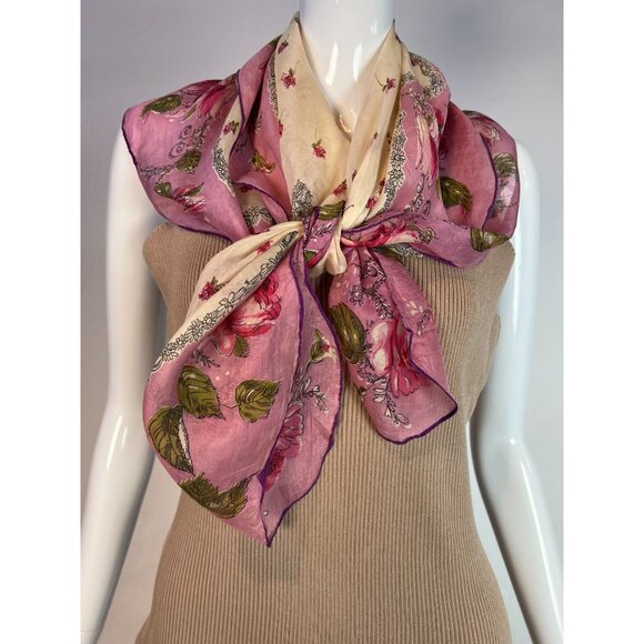 Vintage 60s Floral Handkerchief Scarf Pink & White Delicate Print - Picture 10 of 16